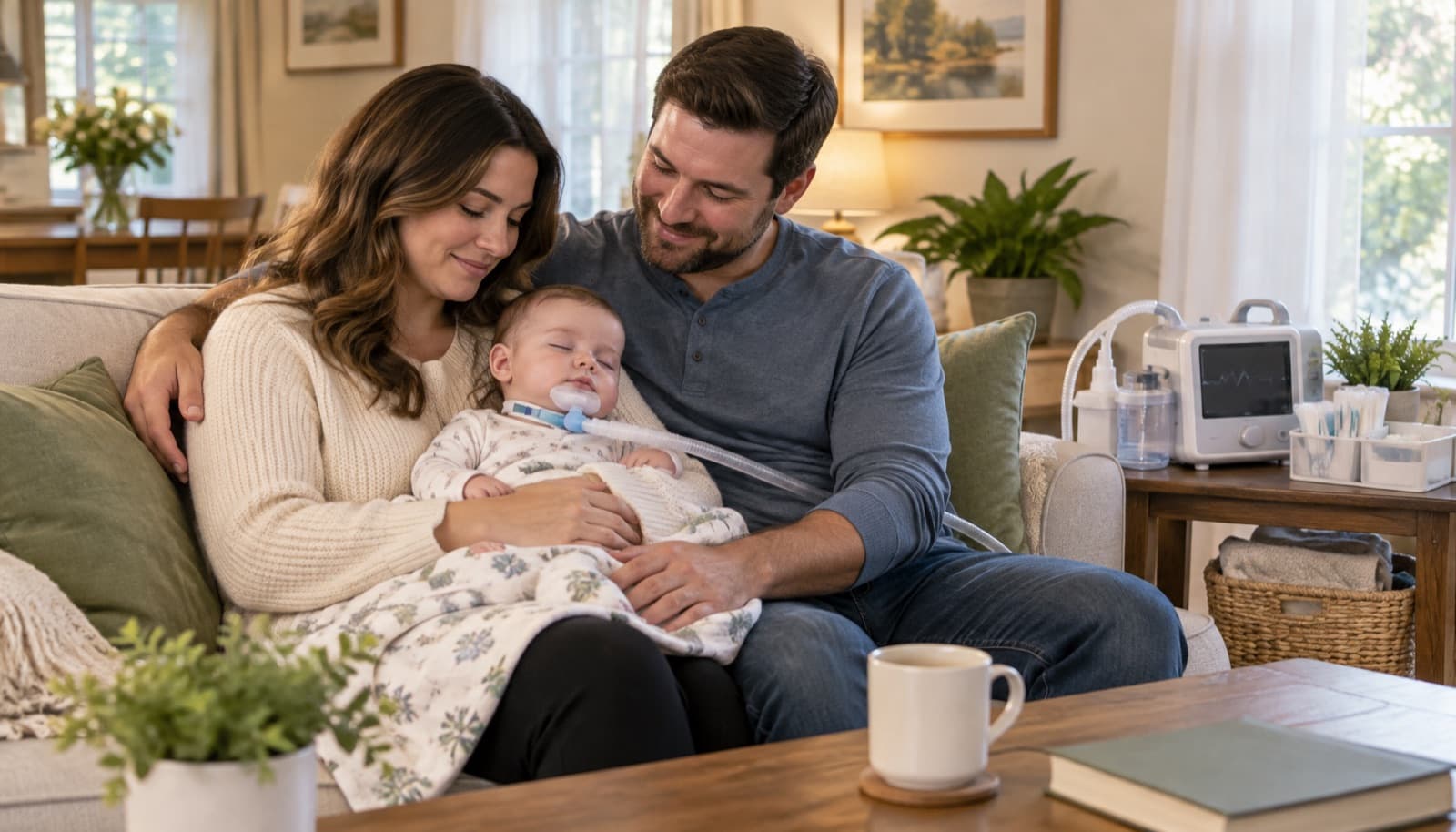 Parents at home on the sofa holding their baby who has a tracheostomy, with suction equipment nearby