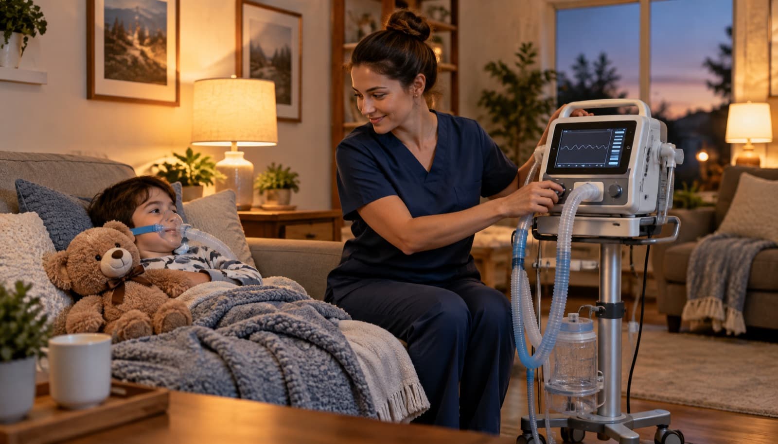 Home care nurse checking a child's ventilator in a family living room